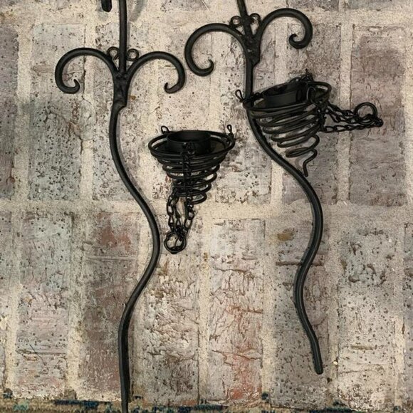 Set of 2 Black Wrought Iron Candle Wall Sconces - Picture 2 of 2